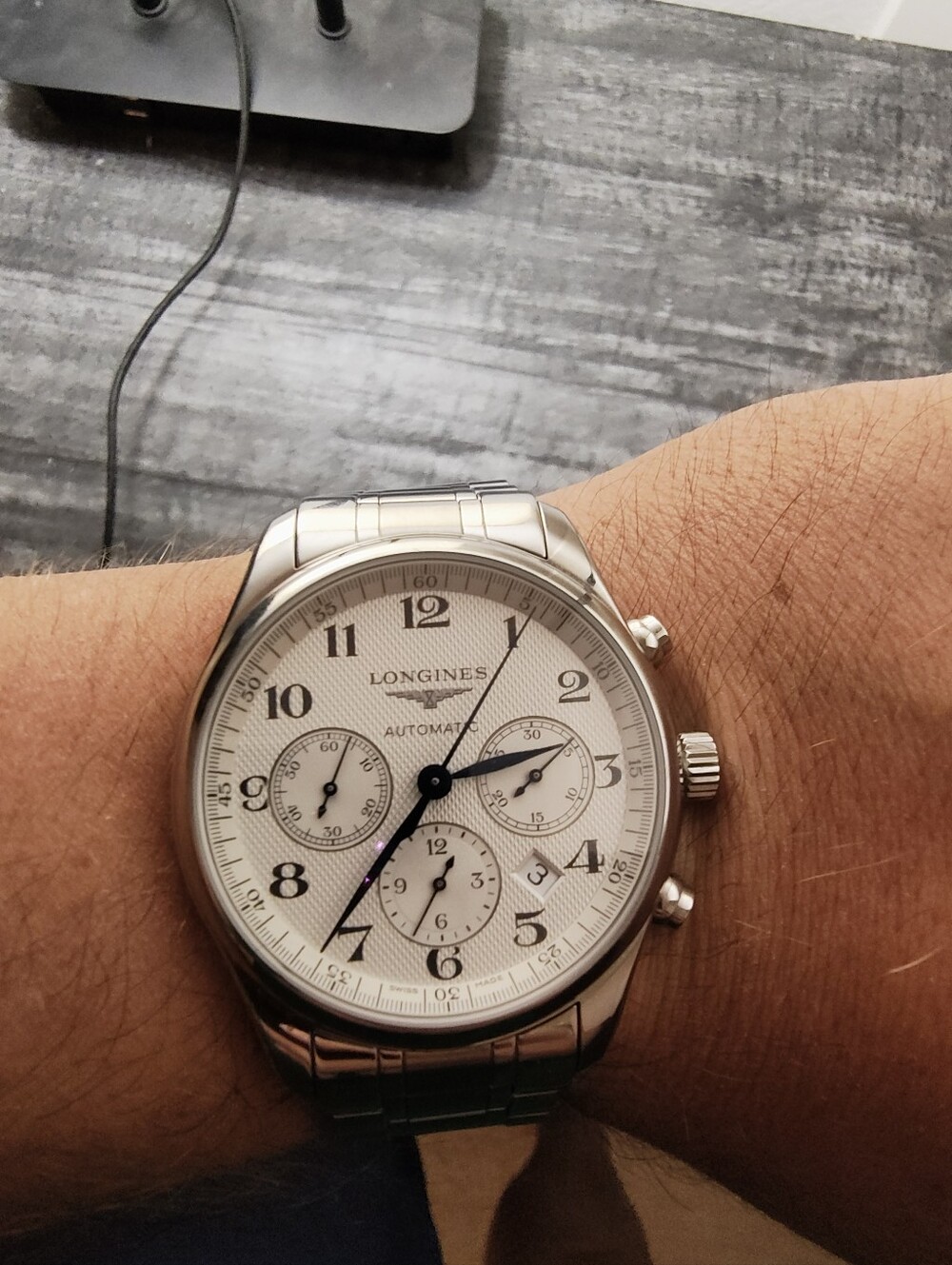 Longines Master Collection Chronograph with White Barelycorn Dial and Blue Hands